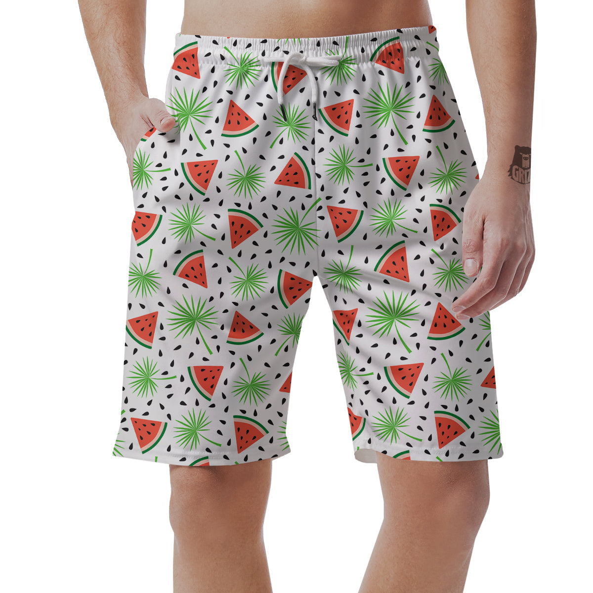 Palm Leaf Watermelon White Print Pattern Men's Shorts-grizzshop