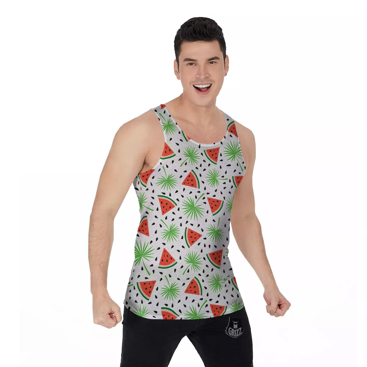 Palm Leaf Watermelon White Print Pattern Men's Tank Top-grizzshop