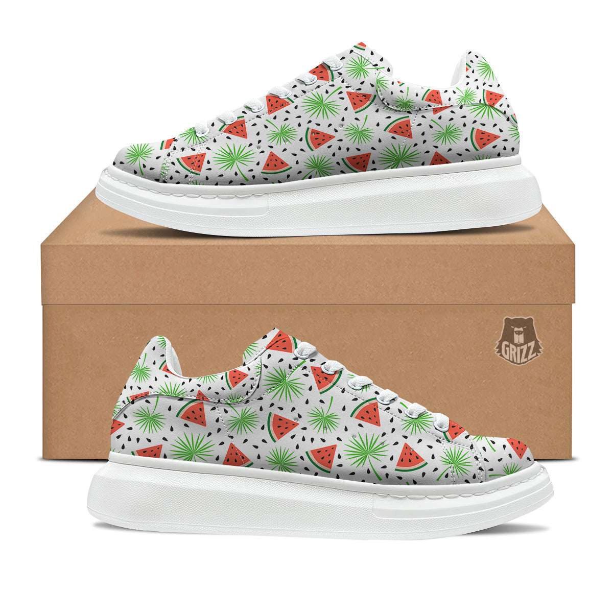 Palm Leaf Watermelon White Print Pattern Platform Shoes-grizzshop