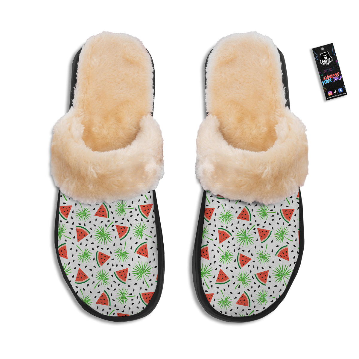 Palm Leaf Watermelon White Print Pattern Slippers-grizzshop