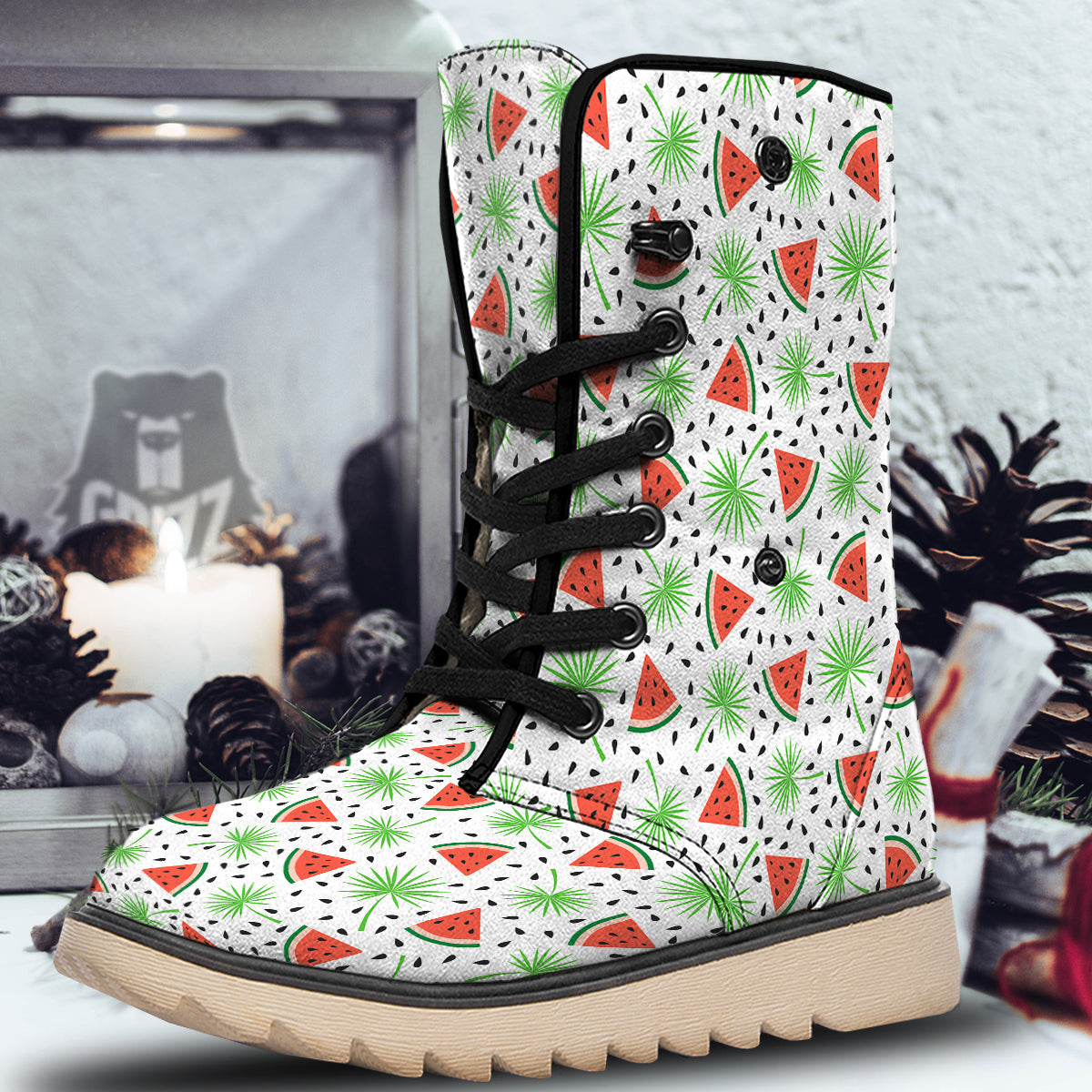 Palm Leaf Watermelon White Print Pattern Snow Boots-grizzshop