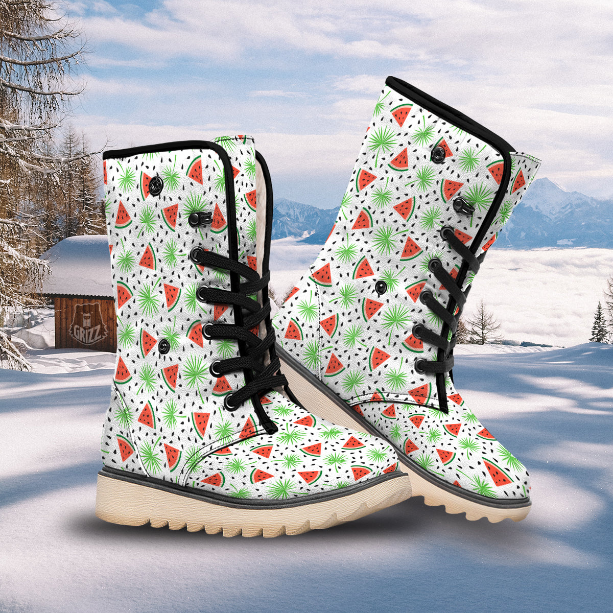 Palm Leaf Watermelon White Print Pattern Snow Boots-grizzshop