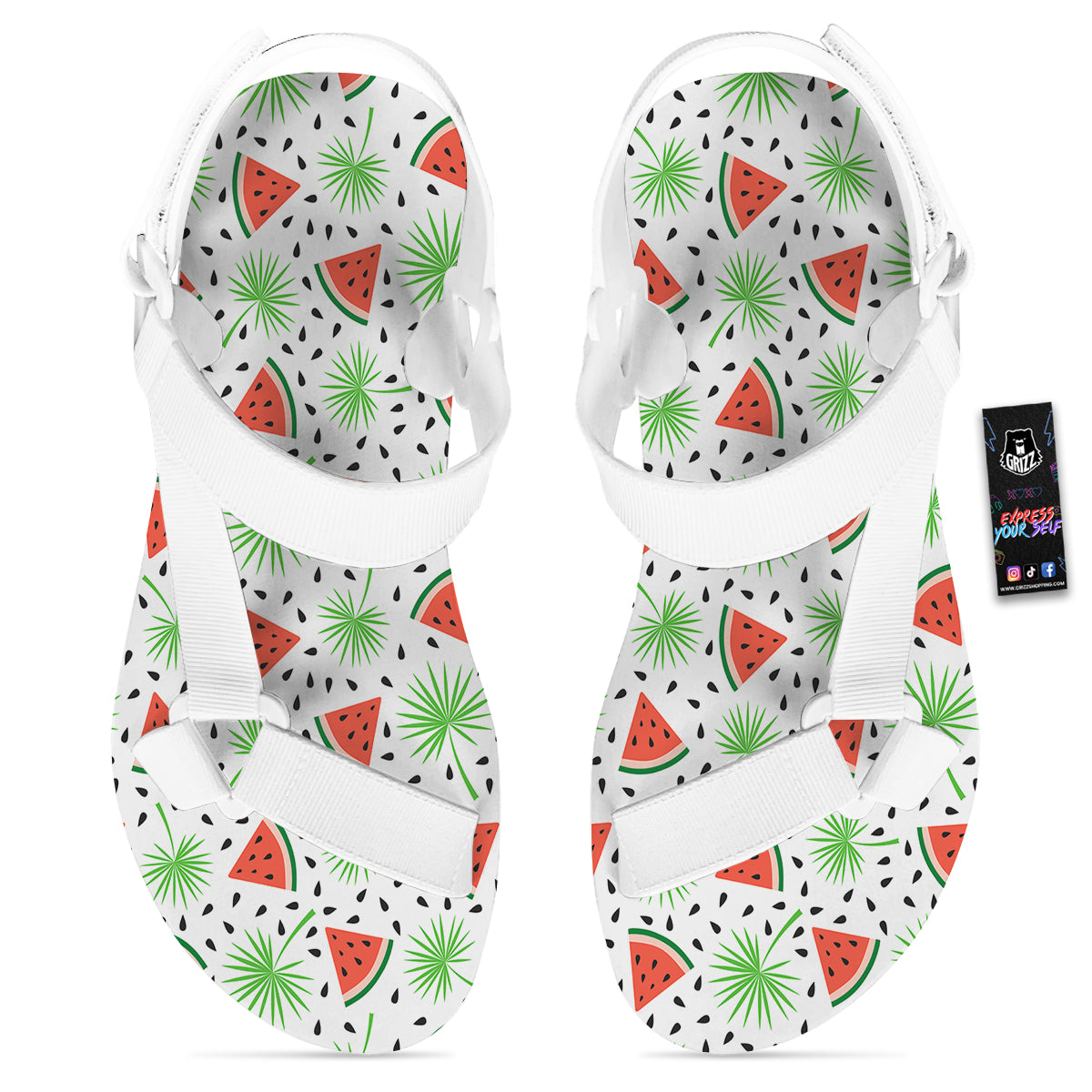 Palm Leaf Watermelon White Print Pattern White Open Toe Sandals-grizzshop