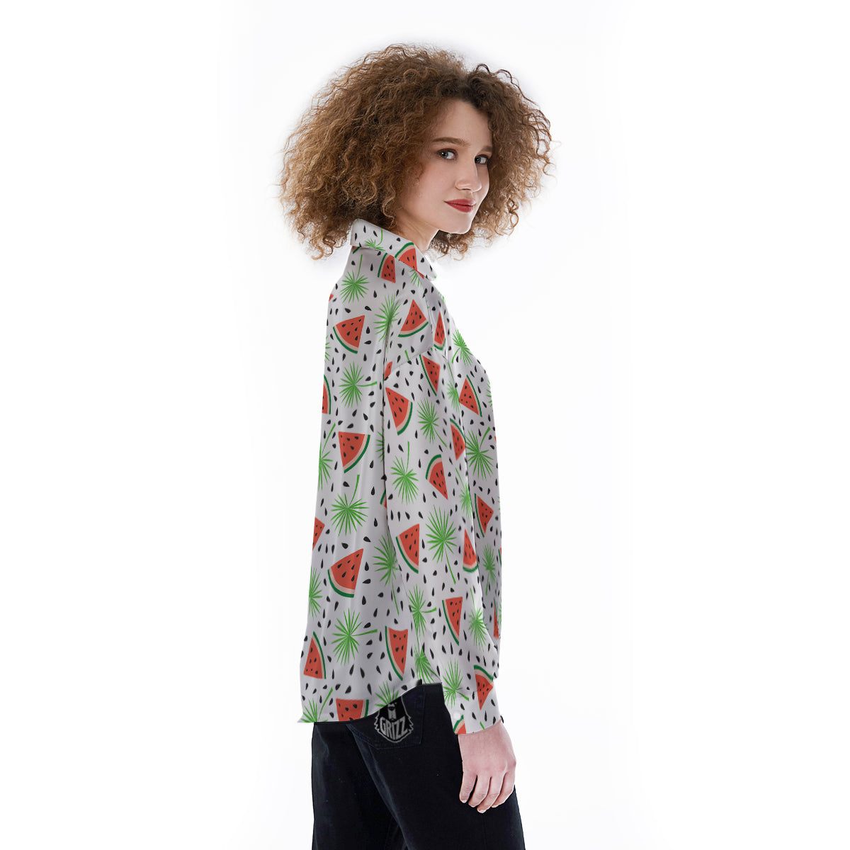 Palm Leaf Watermelon White Print Pattern Women's Long Sleeve Shirts-grizzshop