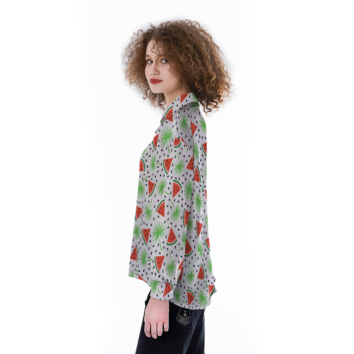 Palm Leaf Watermelon White Print Pattern Women's Long Sleeve Shirts-grizzshop