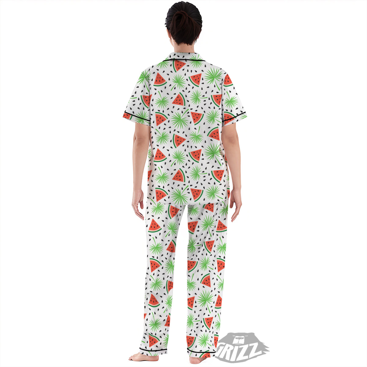Palm Leaf Watermelon White Print Pattern Women's Pajamas Set-grizzshop