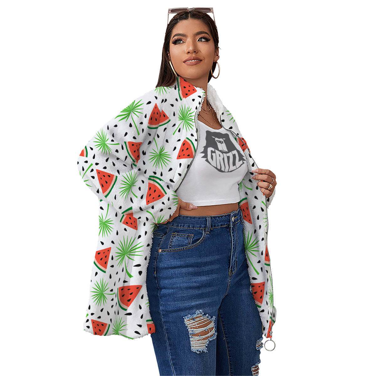 Palm Leaf Watermelon White Print Pattern Women's Sherpa Jacket-grizzshop