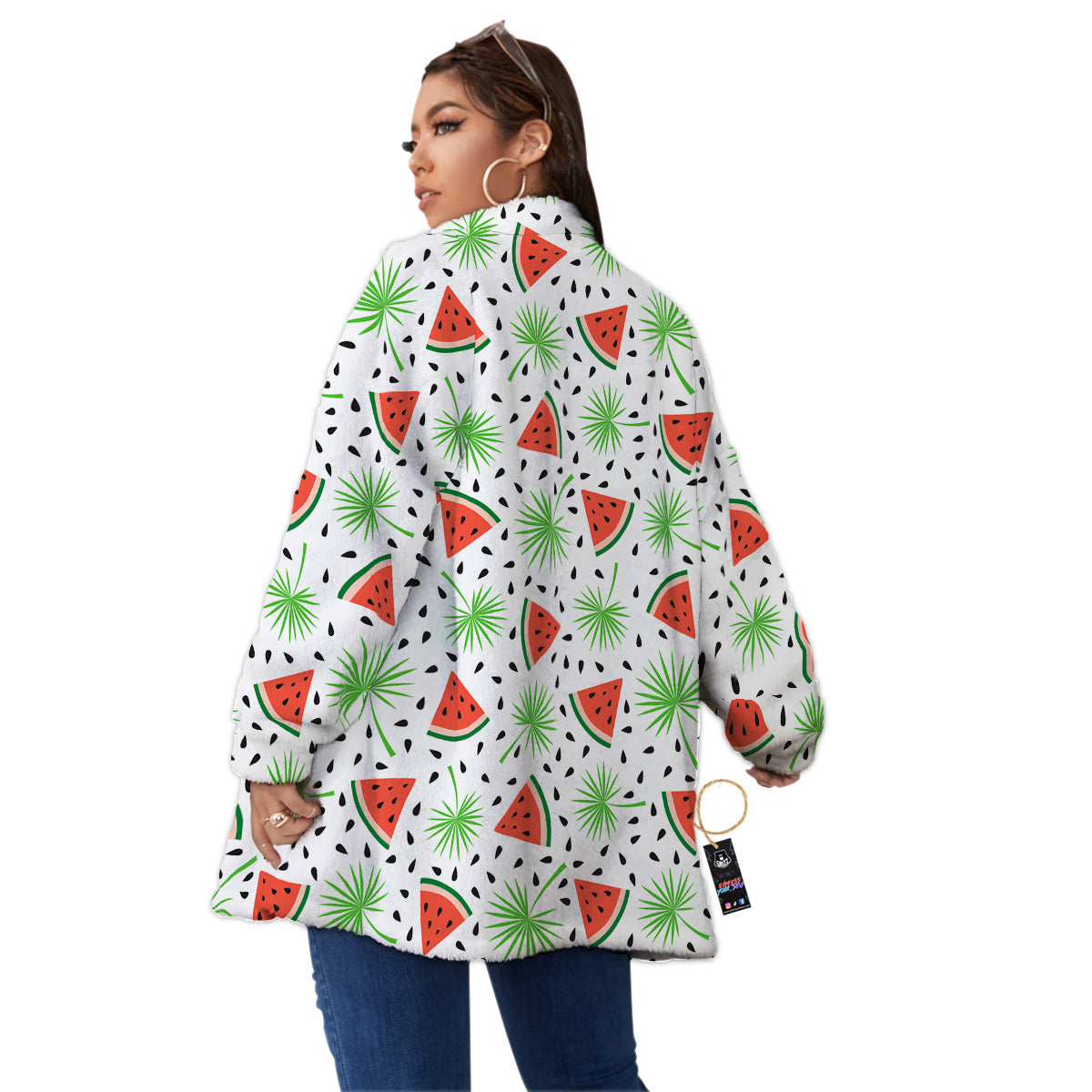 Palm Leaf Watermelon White Print Pattern Women's Sherpa Jacket-grizzshop