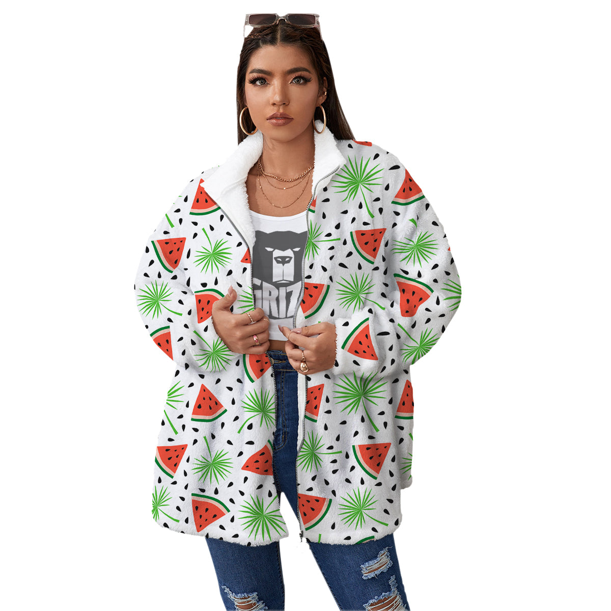 Palm Leaf Watermelon White Print Pattern Women's Sherpa Jacket-grizzshop