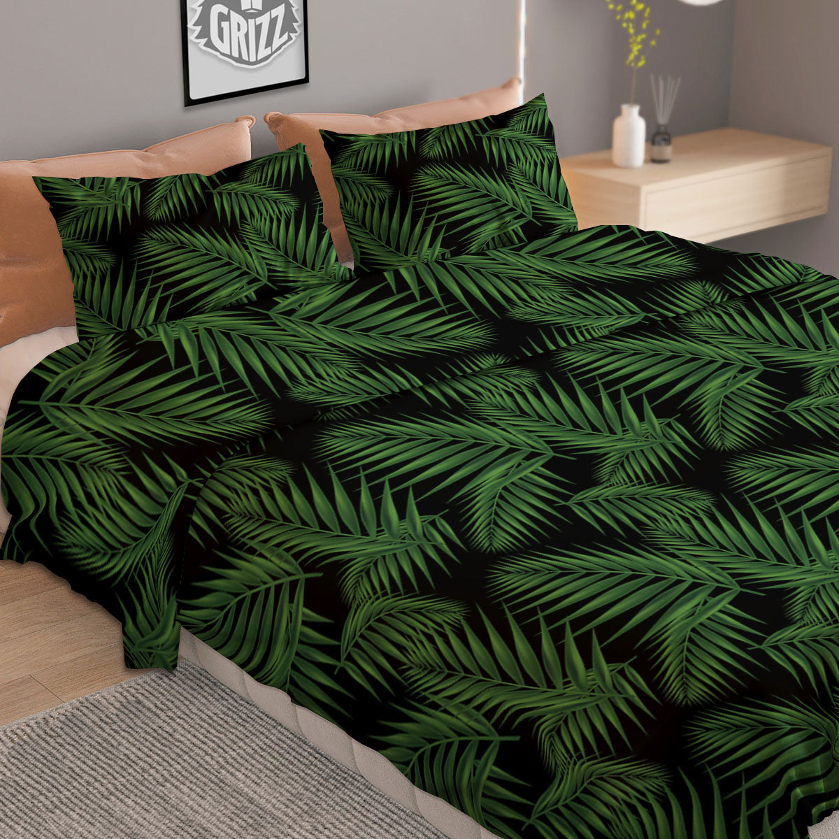 Palm Leave Night Tropical Print Pattern Duvet Cover Bedding Set-grizzshop