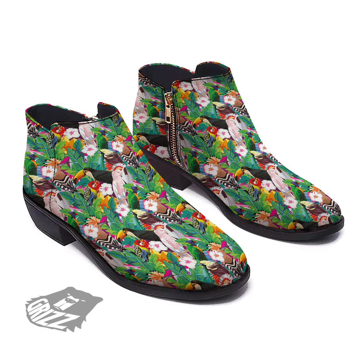 Palm Leaves And Bird Of Paradise Print Ankle Boots-grizzshop