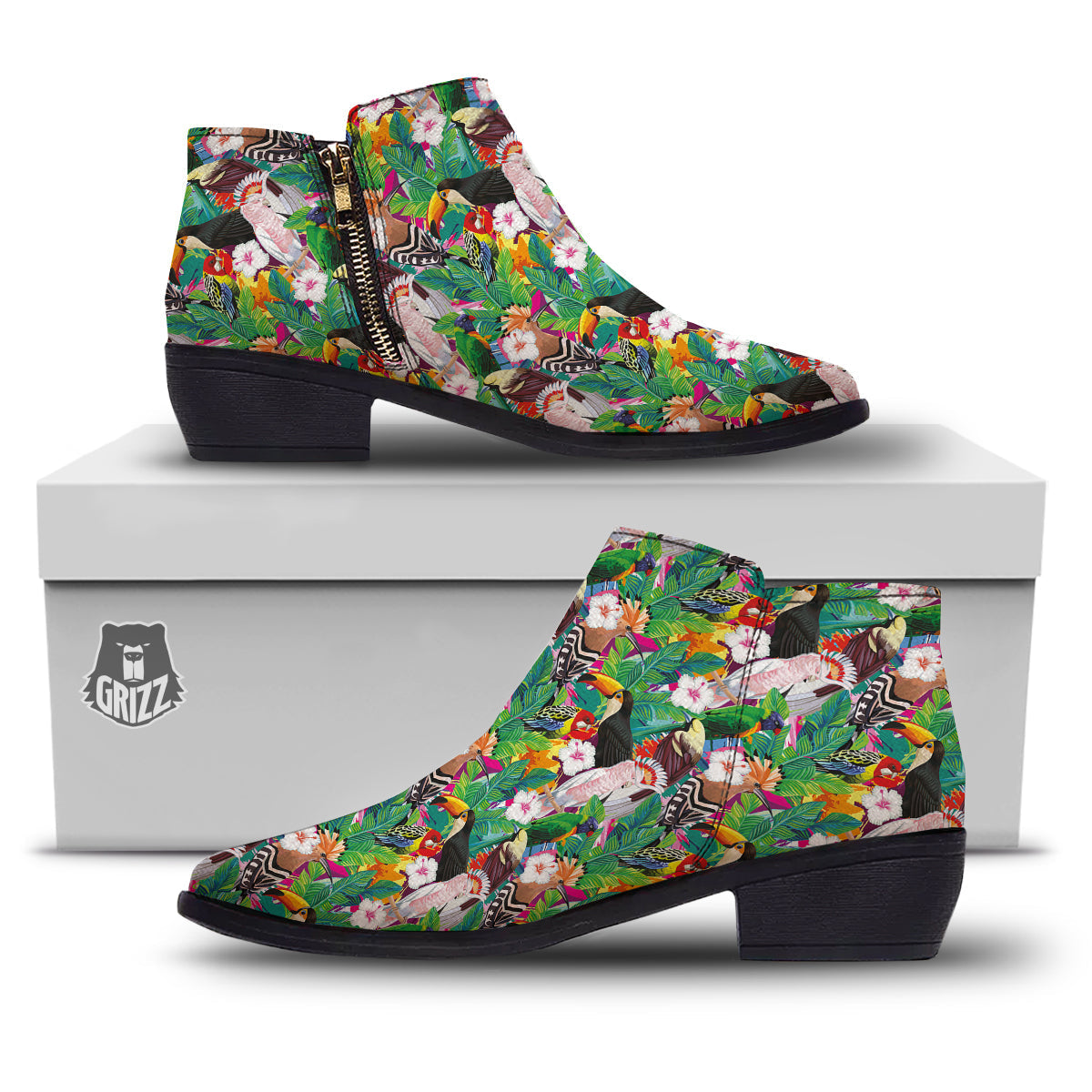 Palm Leaves And Bird Of Paradise Print Ankle Boots-grizzshop