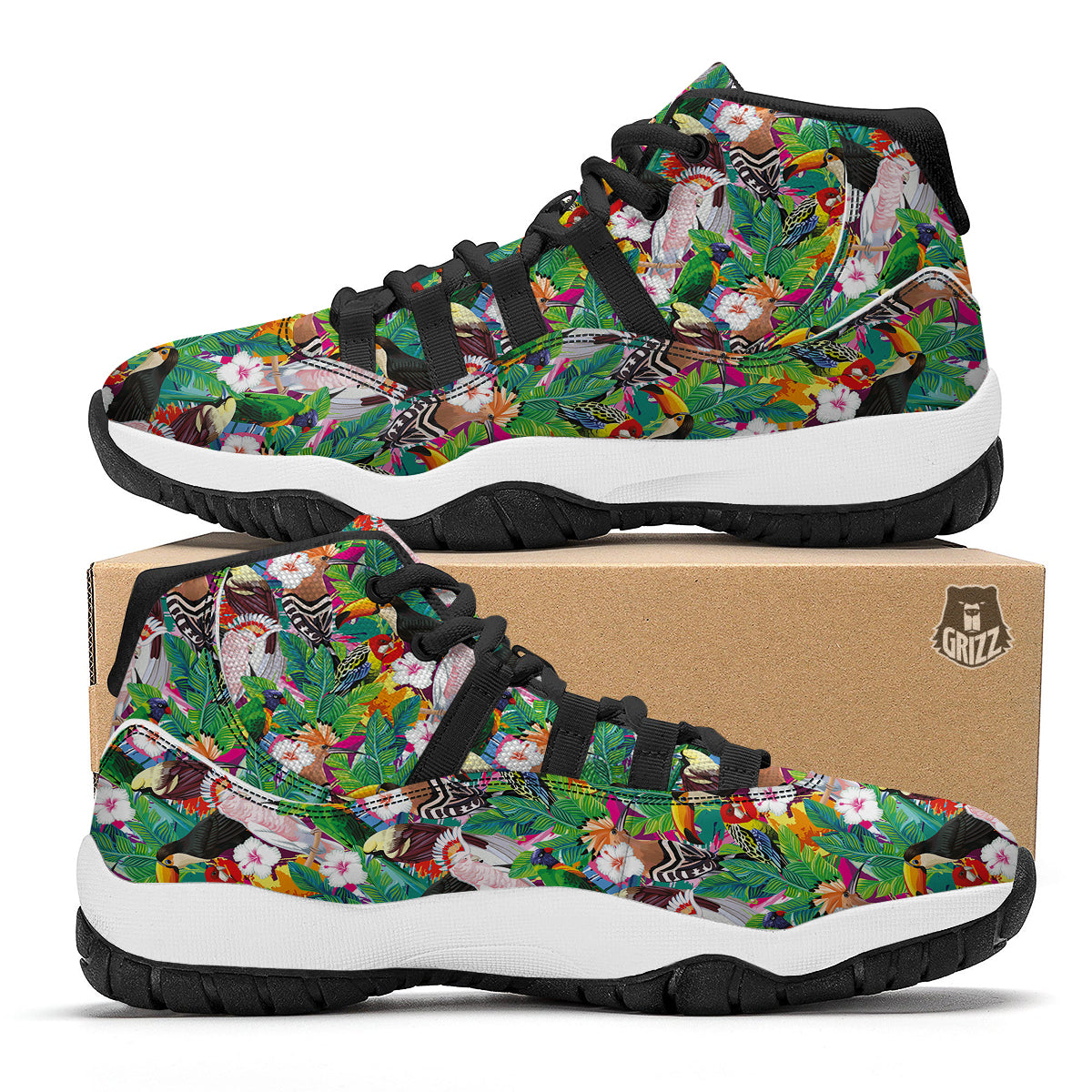 Palm Leaves And Bird Of Paradise Print Black Bball Shoes-grizzshop