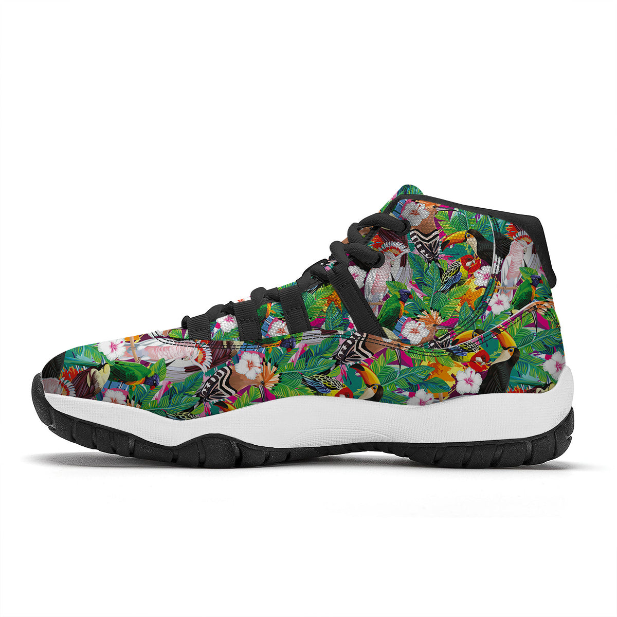 Palm Leaves And Bird Of Paradise Print Black Bball Shoes-grizzshop