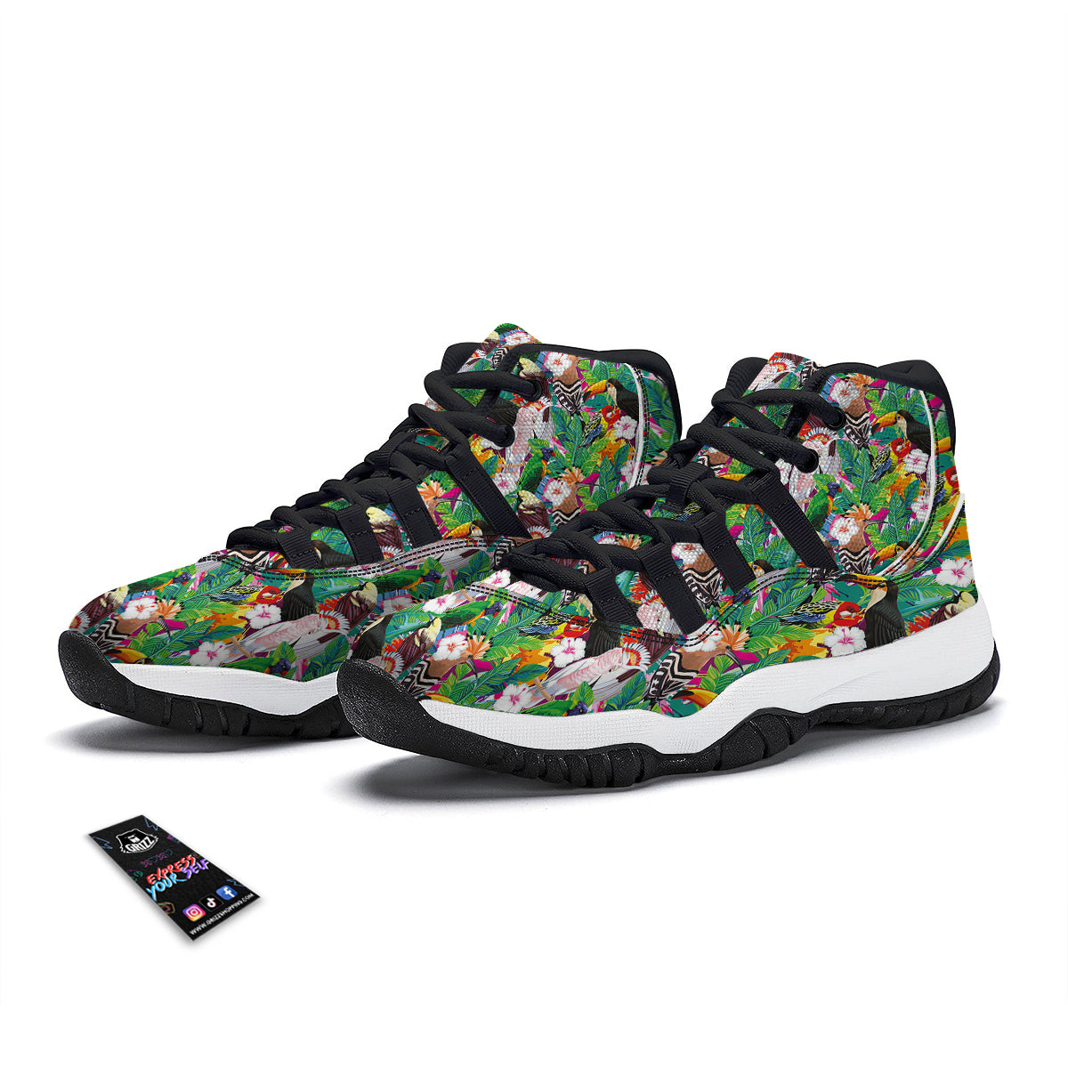 Palm Leaves And Bird Of Paradise Print Black Bball Shoes-grizzshop