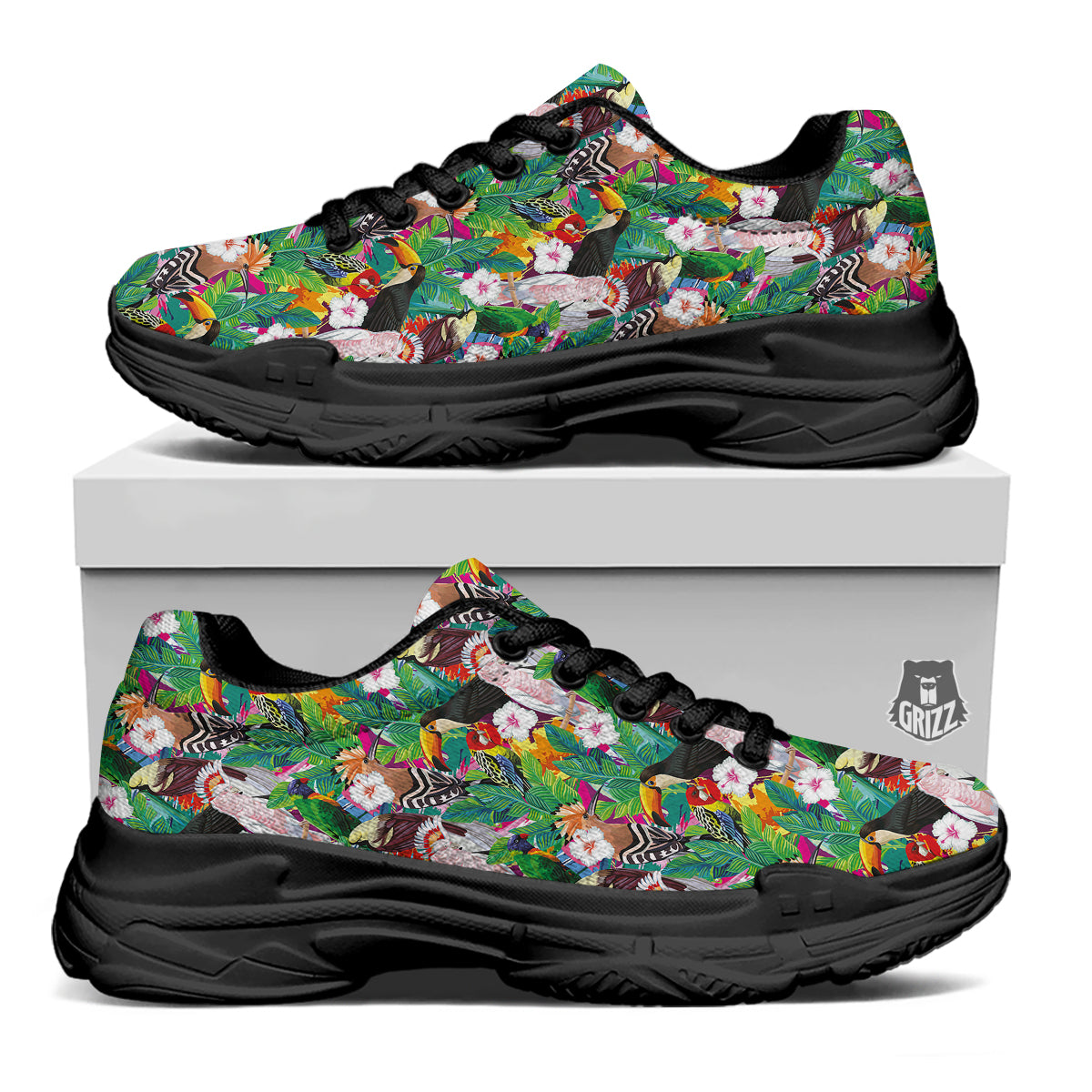 Palm Leaves And Bird Of Paradise Print Black Chunky Shoes-grizzshop