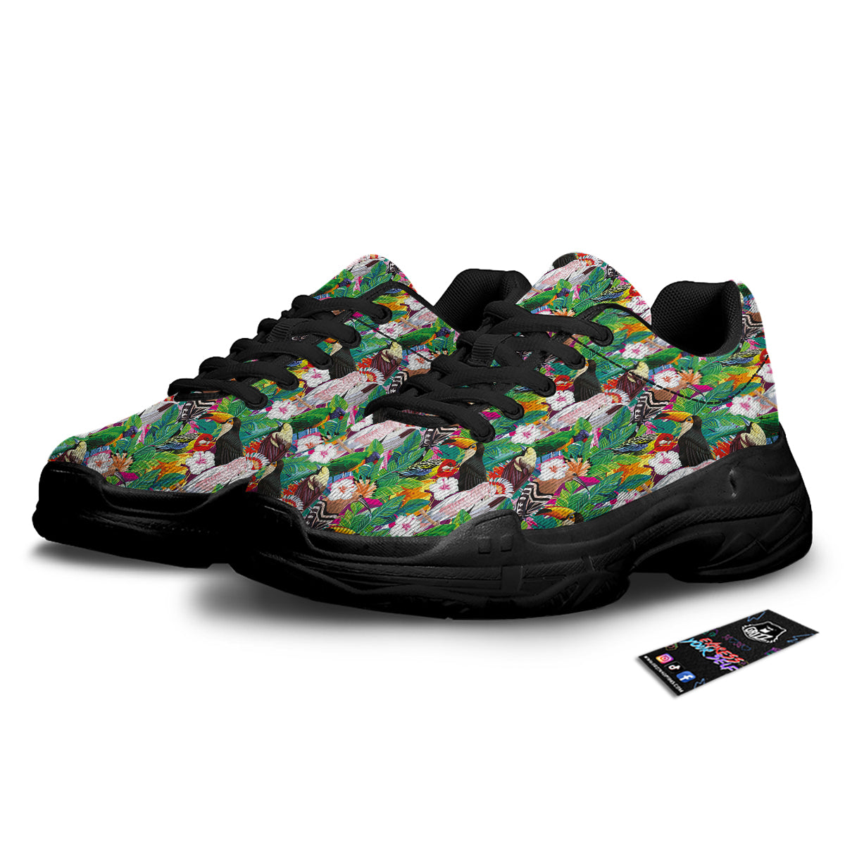 Palm Leaves And Bird Of Paradise Print Black Chunky Shoes-grizzshop