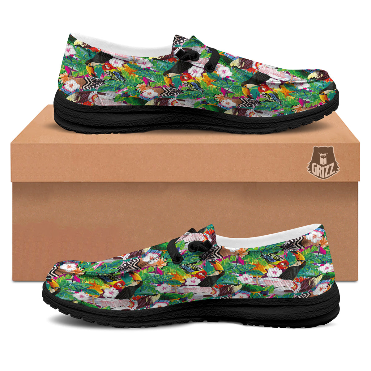 Palm Leaves And Bird Of Paradise Print Black Loafers-grizzshop