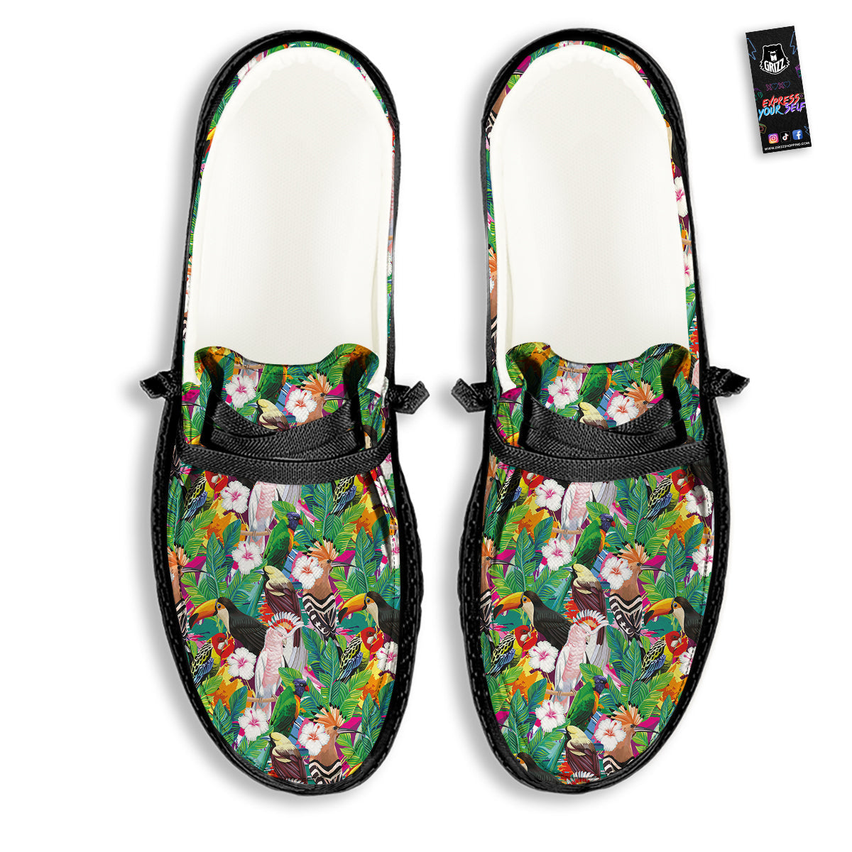 Palm Leaves And Bird Of Paradise Print Black Loafers-grizzshop