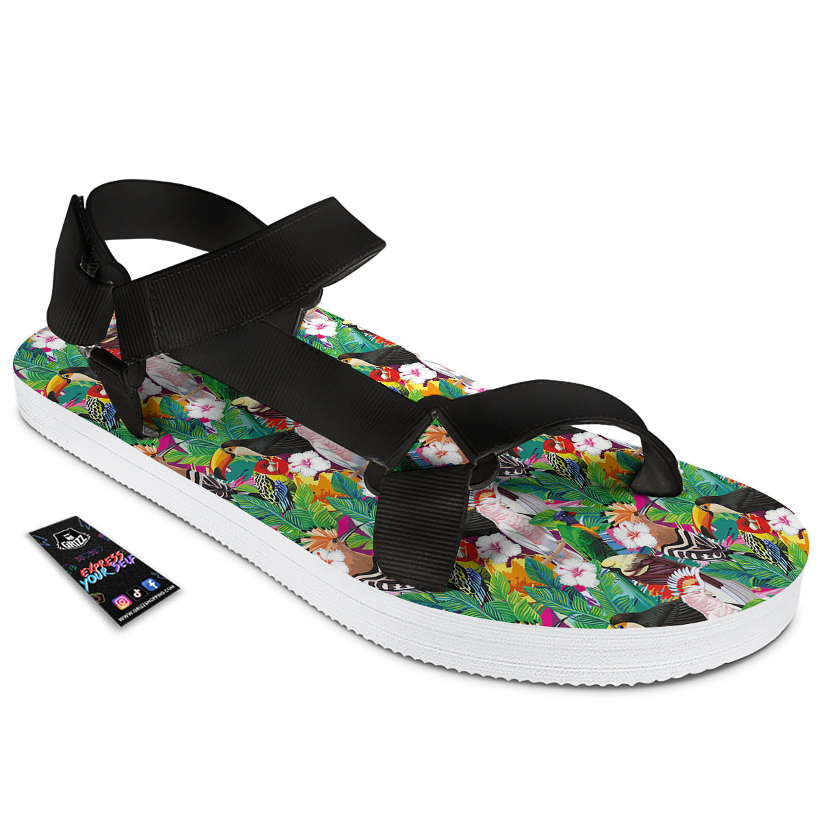 Palm Leaves And Bird Of Paradise Print Black Open Toe Sandals-grizzshop