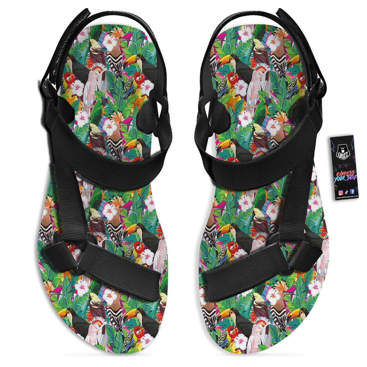 Palm Leaves And Bird Of Paradise Print Black Open Toe Sandals-grizzshop