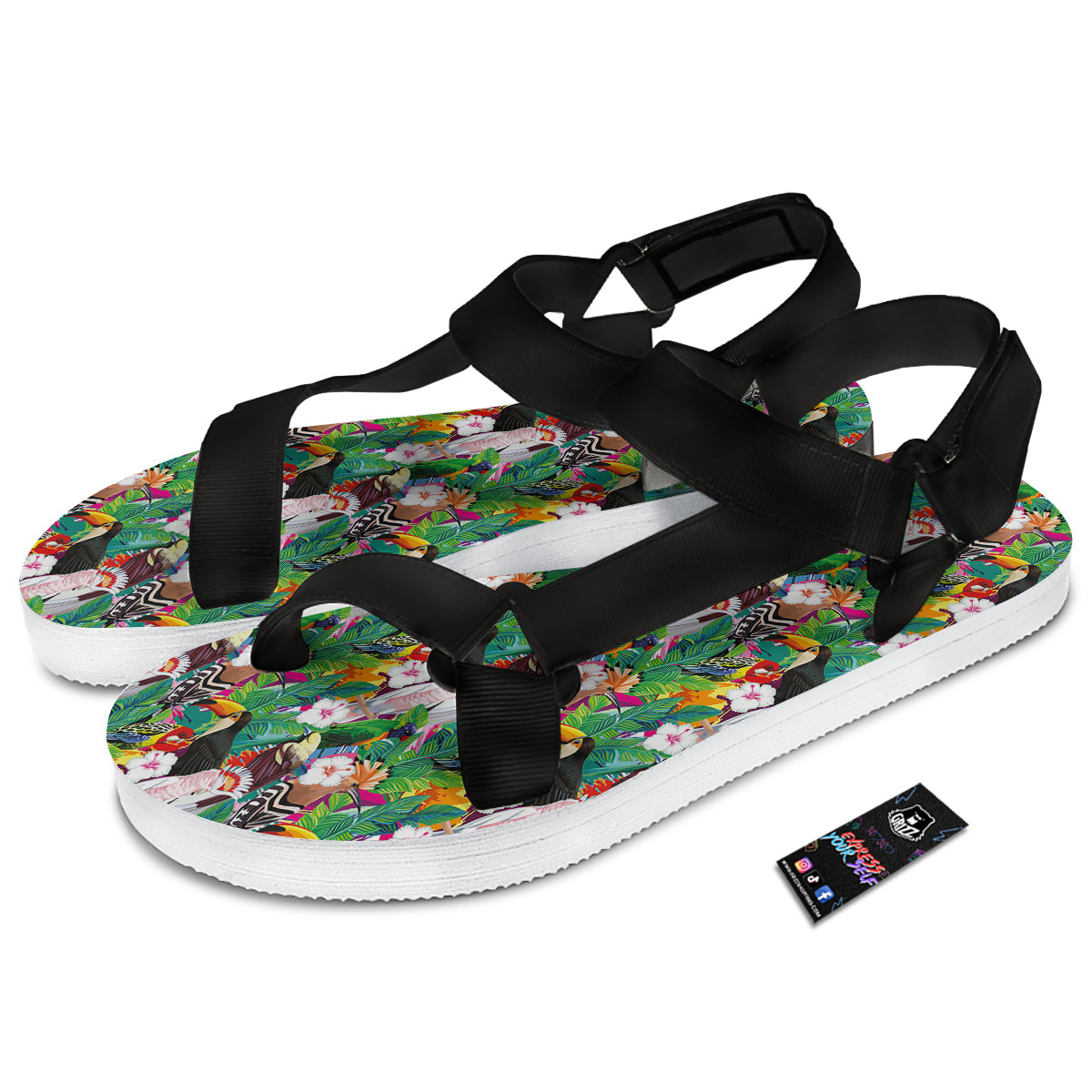 Palm Leaves And Bird Of Paradise Print Black Open Toe Sandals-grizzshop