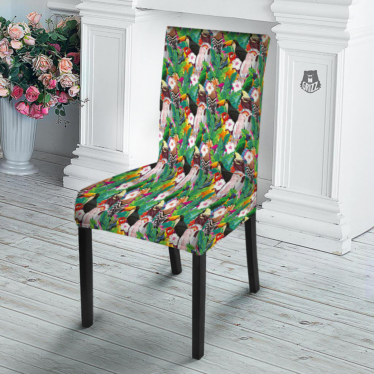 Palm Leaves And Bird Of Paradise Print Dining Chair Slipcover-grizzshop