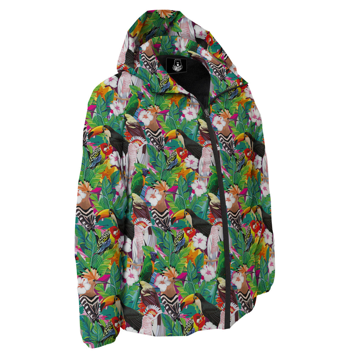 Palm Leaves And Bird Of Paradise Print Down Jacket-grizzshop