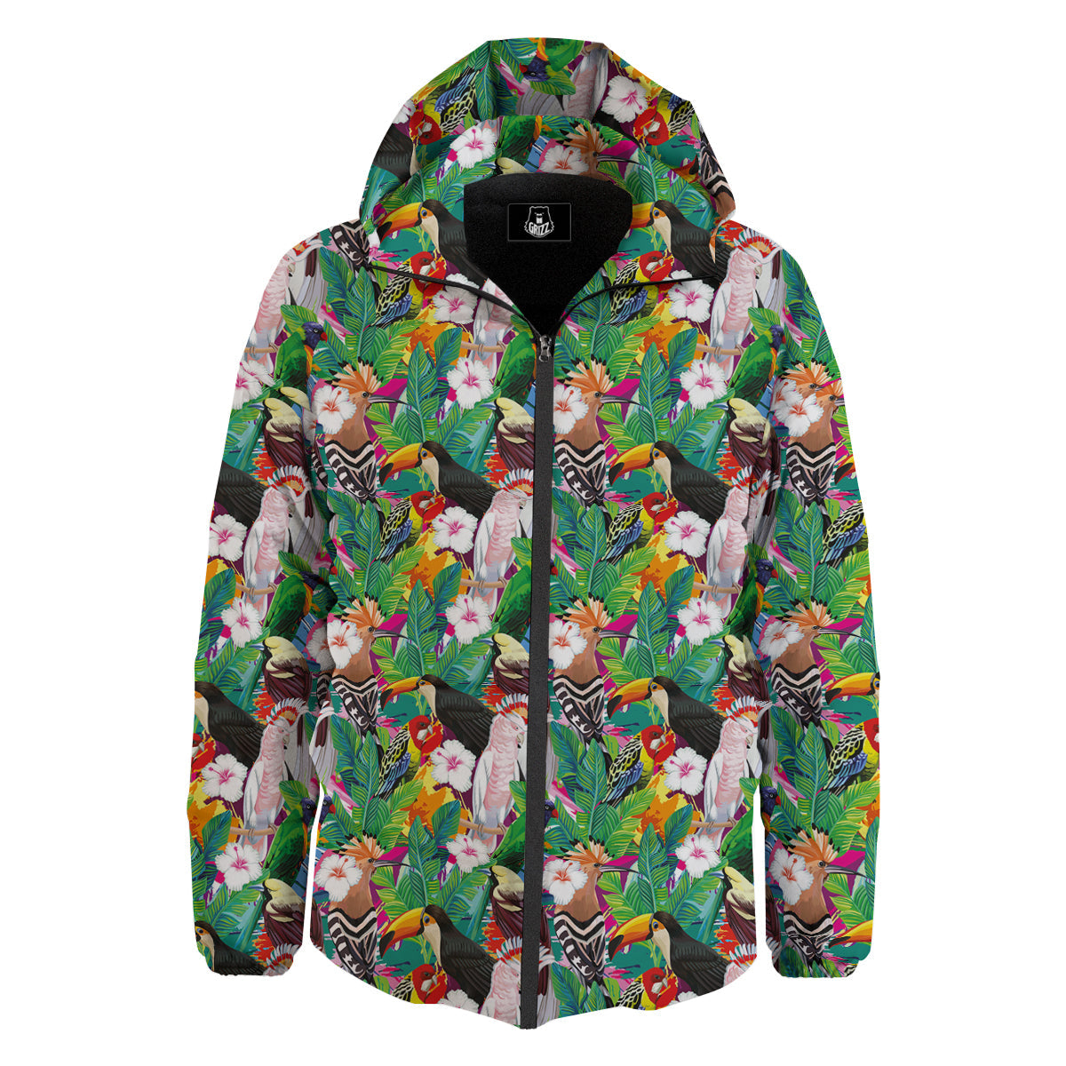 Palm Leaves And Bird Of Paradise Print Down Jacket-grizzshop