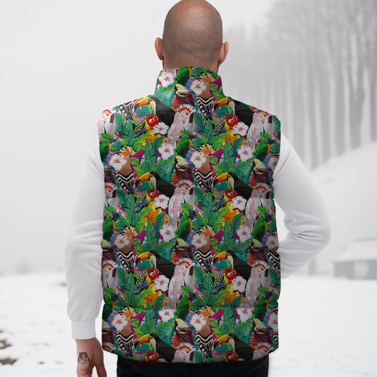 Palm Leaves And Bird Of Paradise Print Down Vest