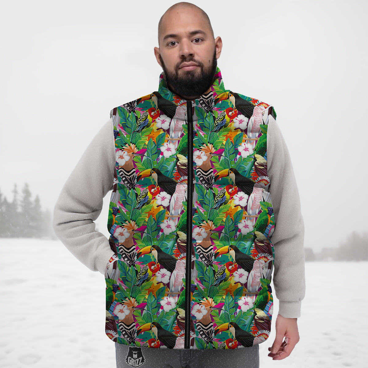 Palm Leaves And Bird Of Paradise Print Down Vest