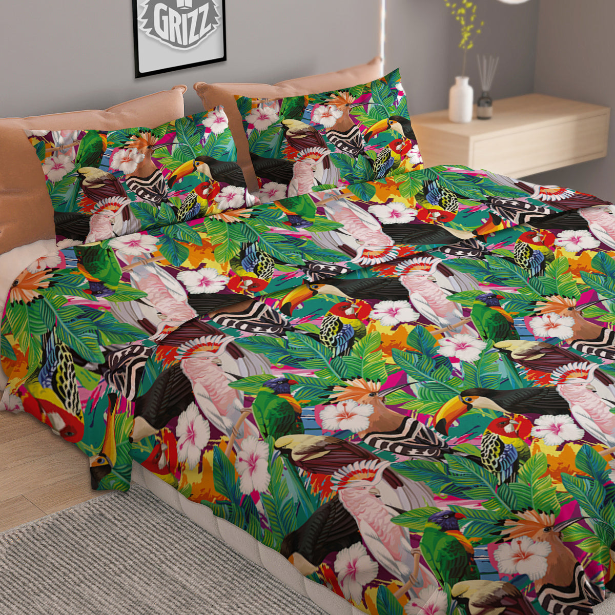 Palm Leaves And Bird Of Paradise Print Duvet Cover Bedding Set