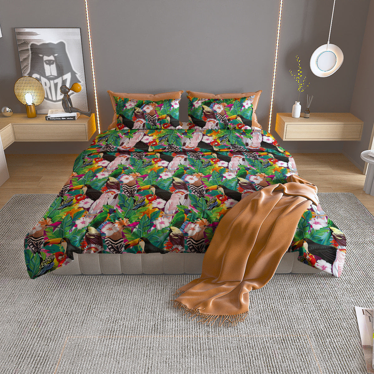 Palm Leaves And Bird Of Paradise Print Duvet Cover Bedding Set