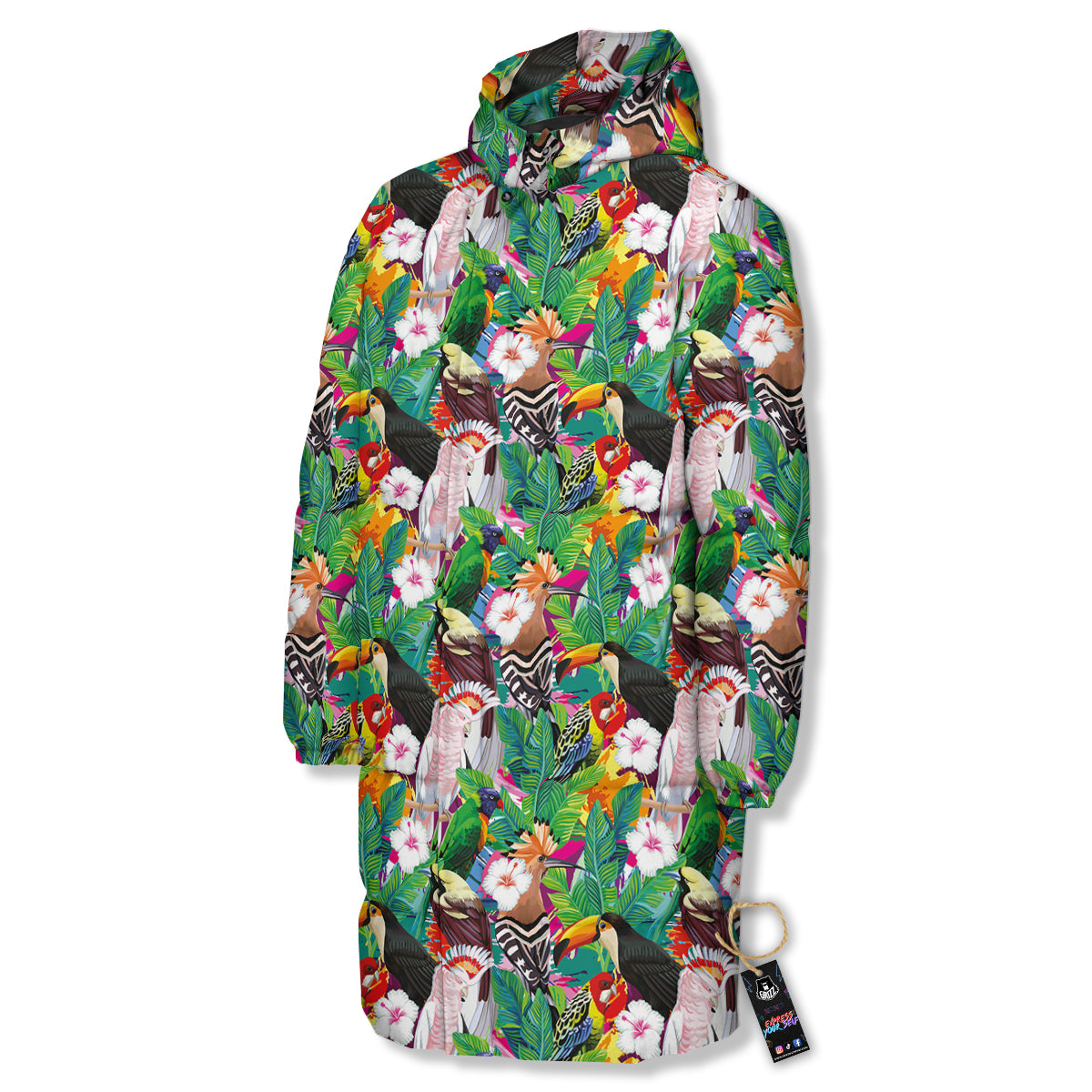 Palm Leaves And Bird Of Paradise Print Long Down Jacket-grizzshop