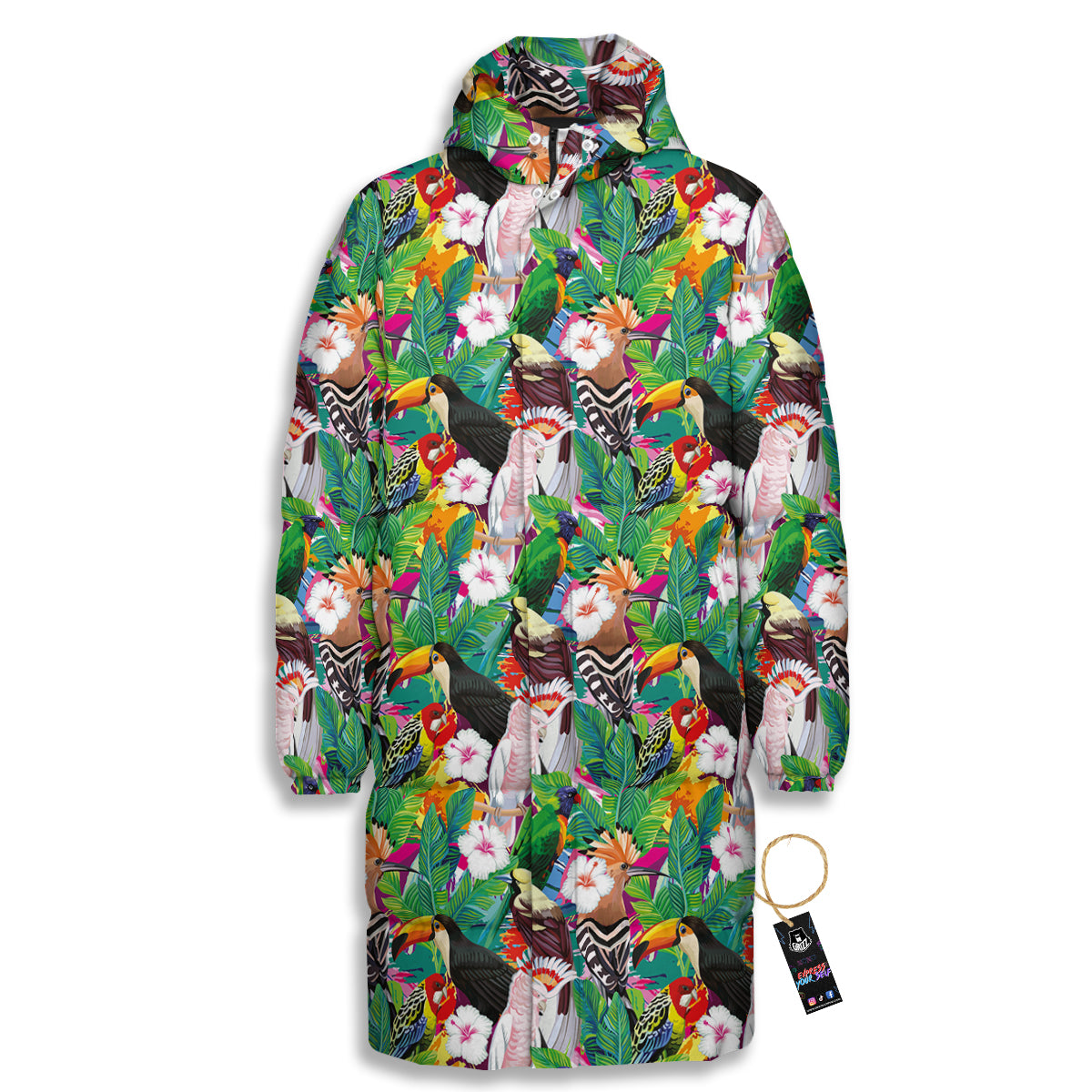 Palm Leaves And Bird Of Paradise Print Long Down Jacket-grizzshop