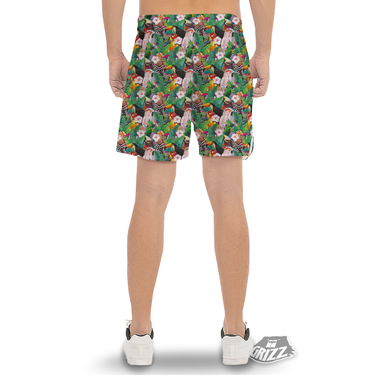 Palm Leaves And Bird Of Paradise Print Men's Gym Shorts-grizzshop