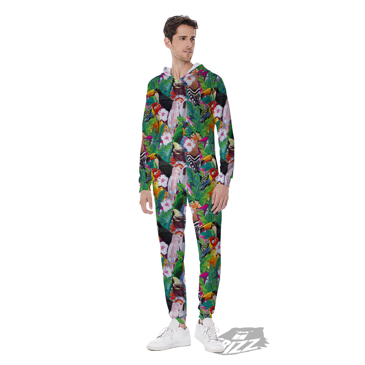 Palm Leaves And Bird Of Paradise Print Men's Jumpsuit-grizzshop