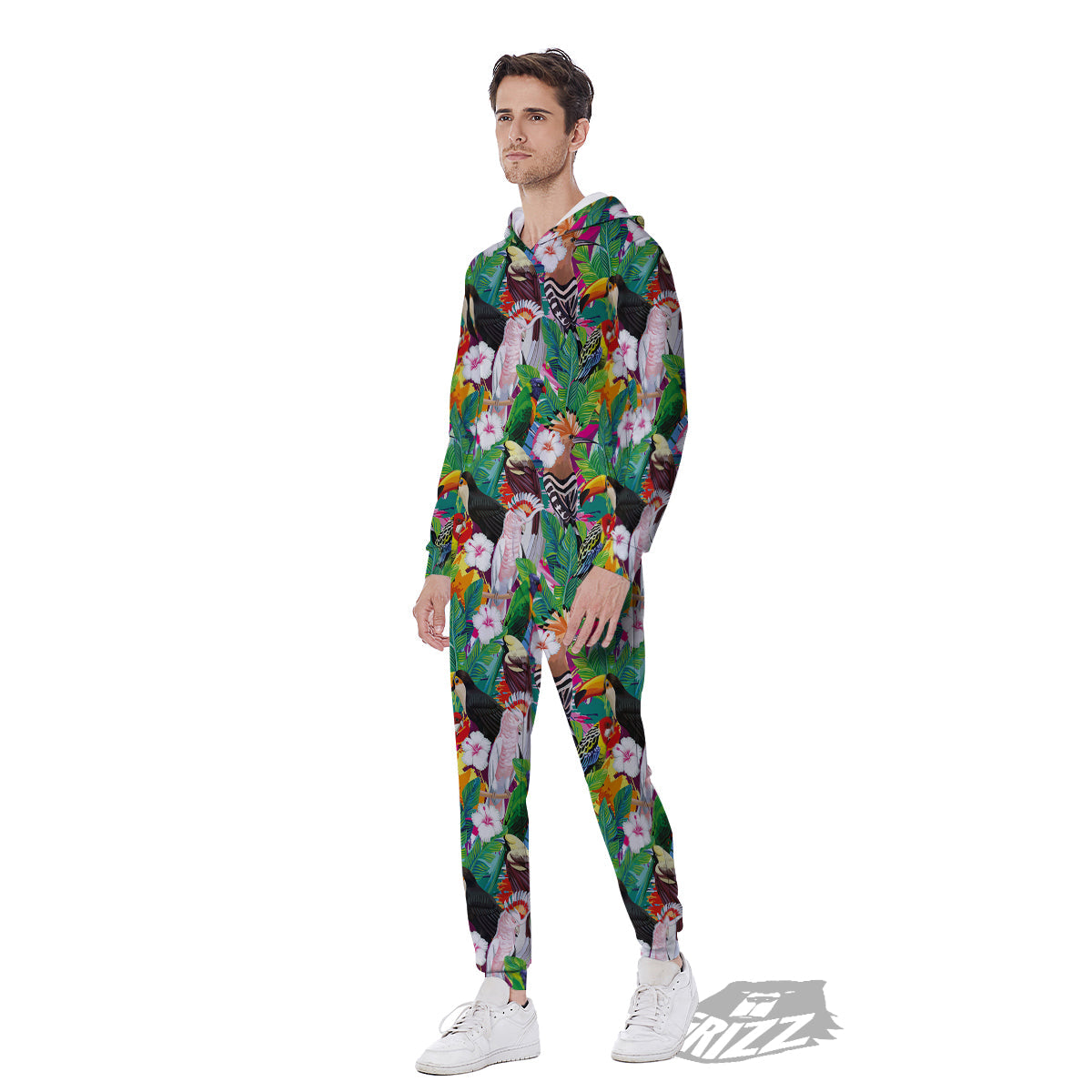 Palm Leaves And Bird Of Paradise Print Men's Jumpsuit-grizzshop