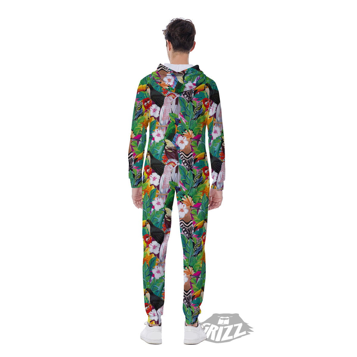 Palm Leaves And Bird Of Paradise Print Men's Jumpsuit-grizzshop