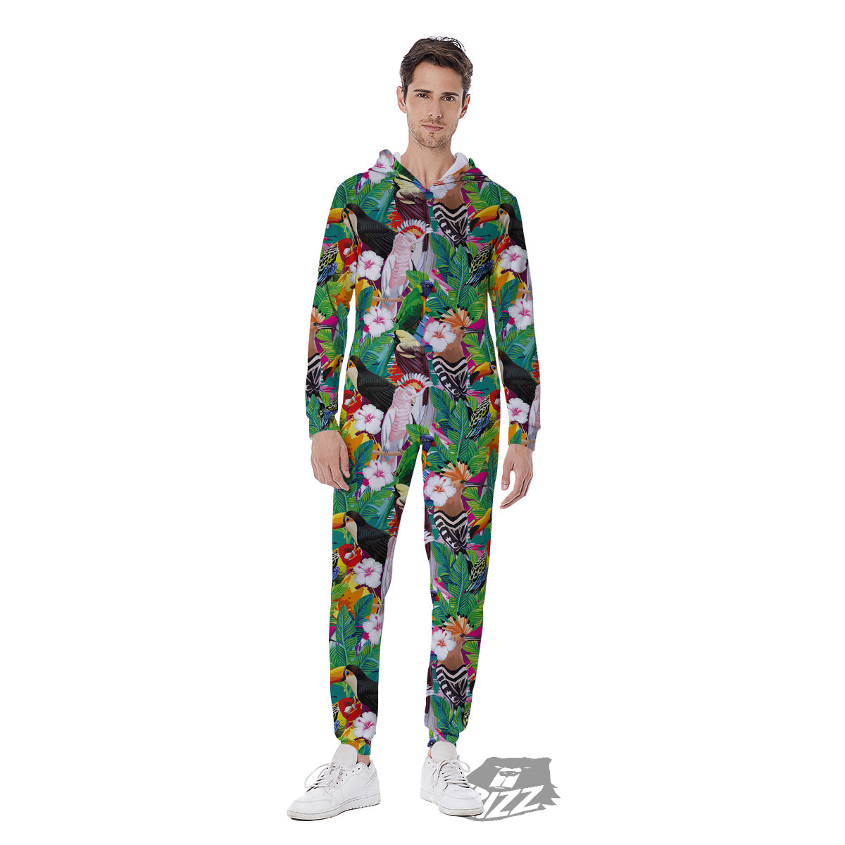 Palm Leaves And Bird Of Paradise Print Men's Jumpsuit-grizzshop