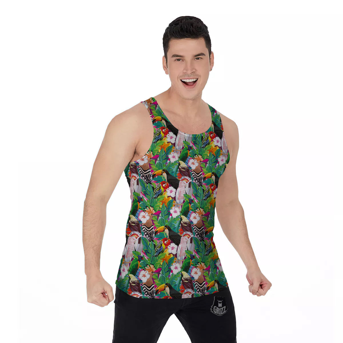 Palm Leaves And Bird Of Paradise Print Men's Tank Top-grizzshop