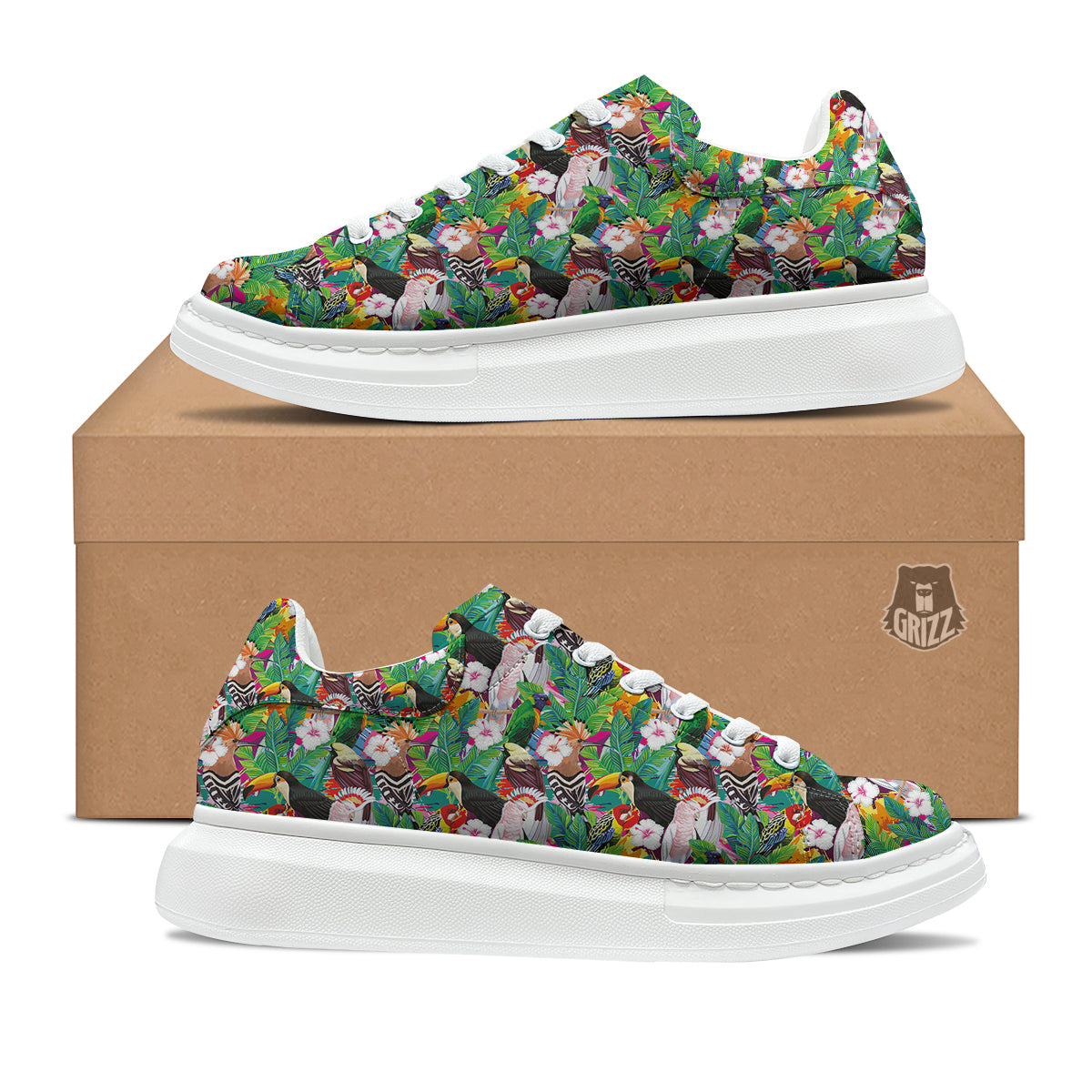 Palm Leaves And Bird Of Paradise Print Platform Shoes-grizzshop