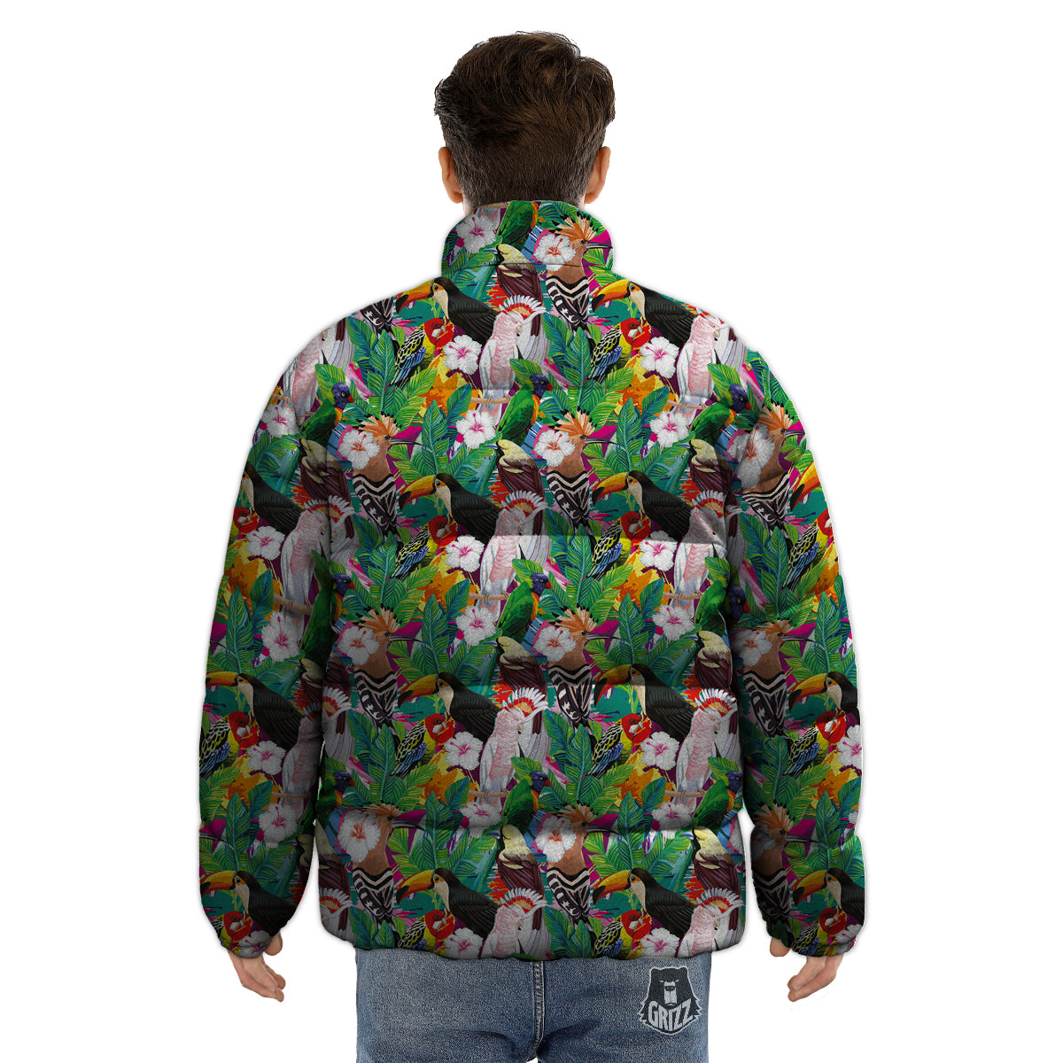 Palm Leaves And Bird Of Paradise Print Puffer Jacket-grizzshop