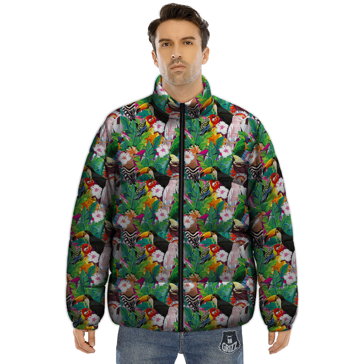 Palm Leaves And Bird Of Paradise Print Puffer Jacket-grizzshop