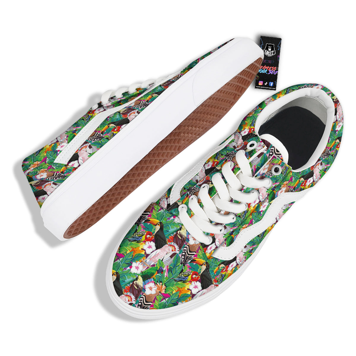 Palm Leaves And Bird Of Paradise Print Skate Shoes-grizzshop