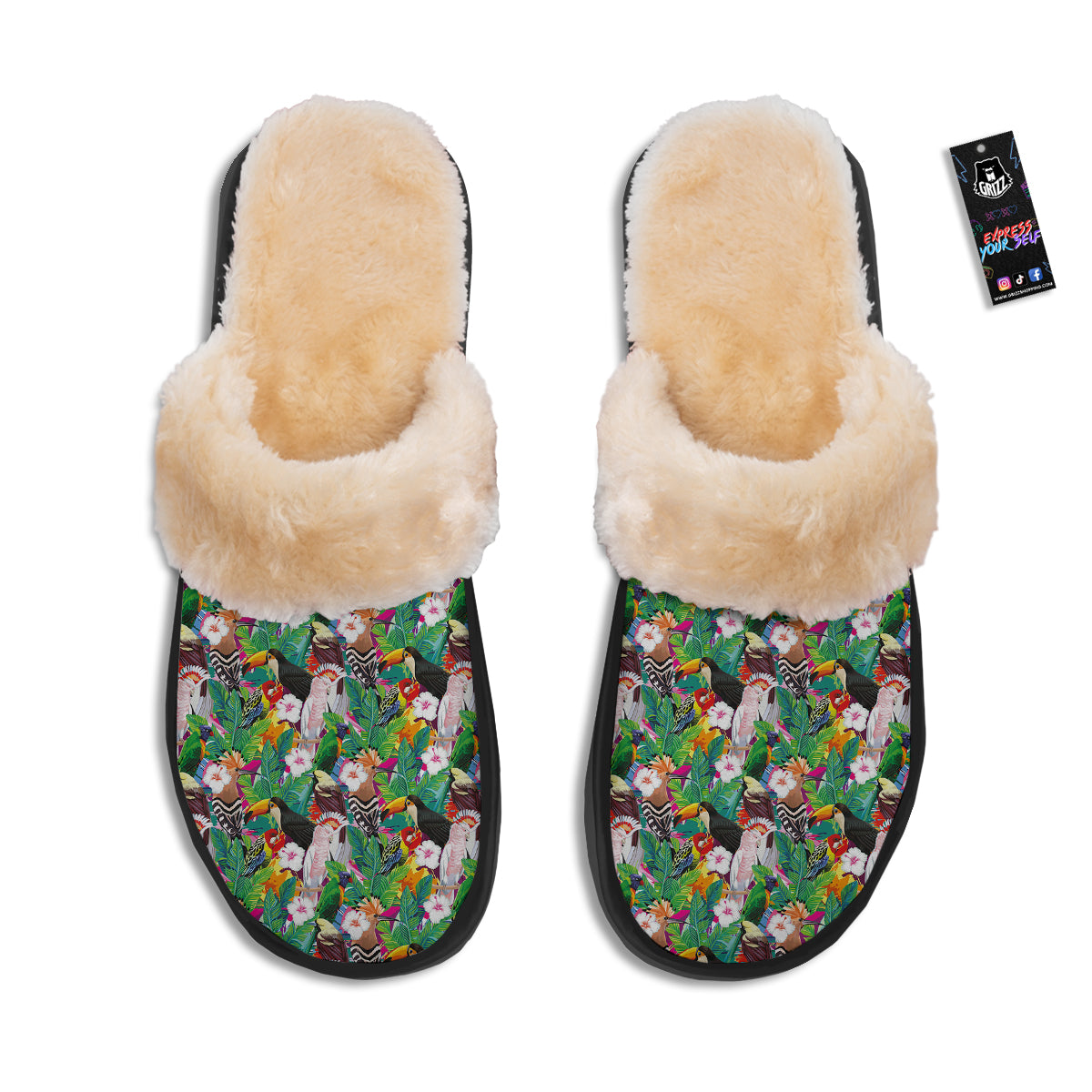 Palm Leaves And Bird Of Paradise Print Slippers-grizzshop