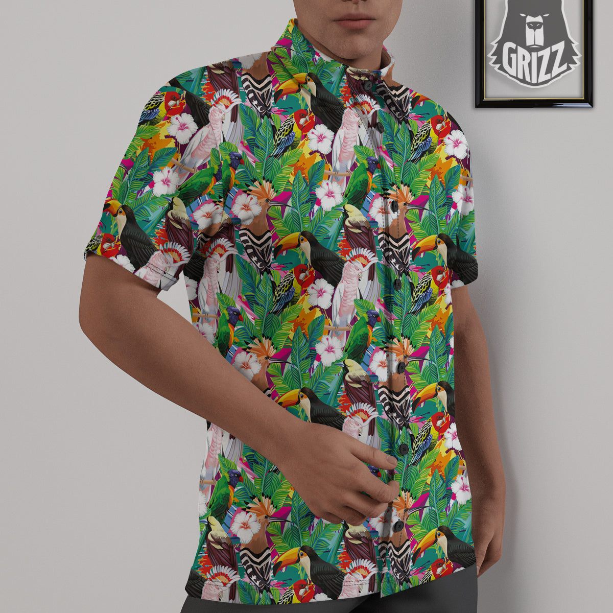 Palm Leaves And Bird Of Paradise Print Untucked Shirts-grizzshop