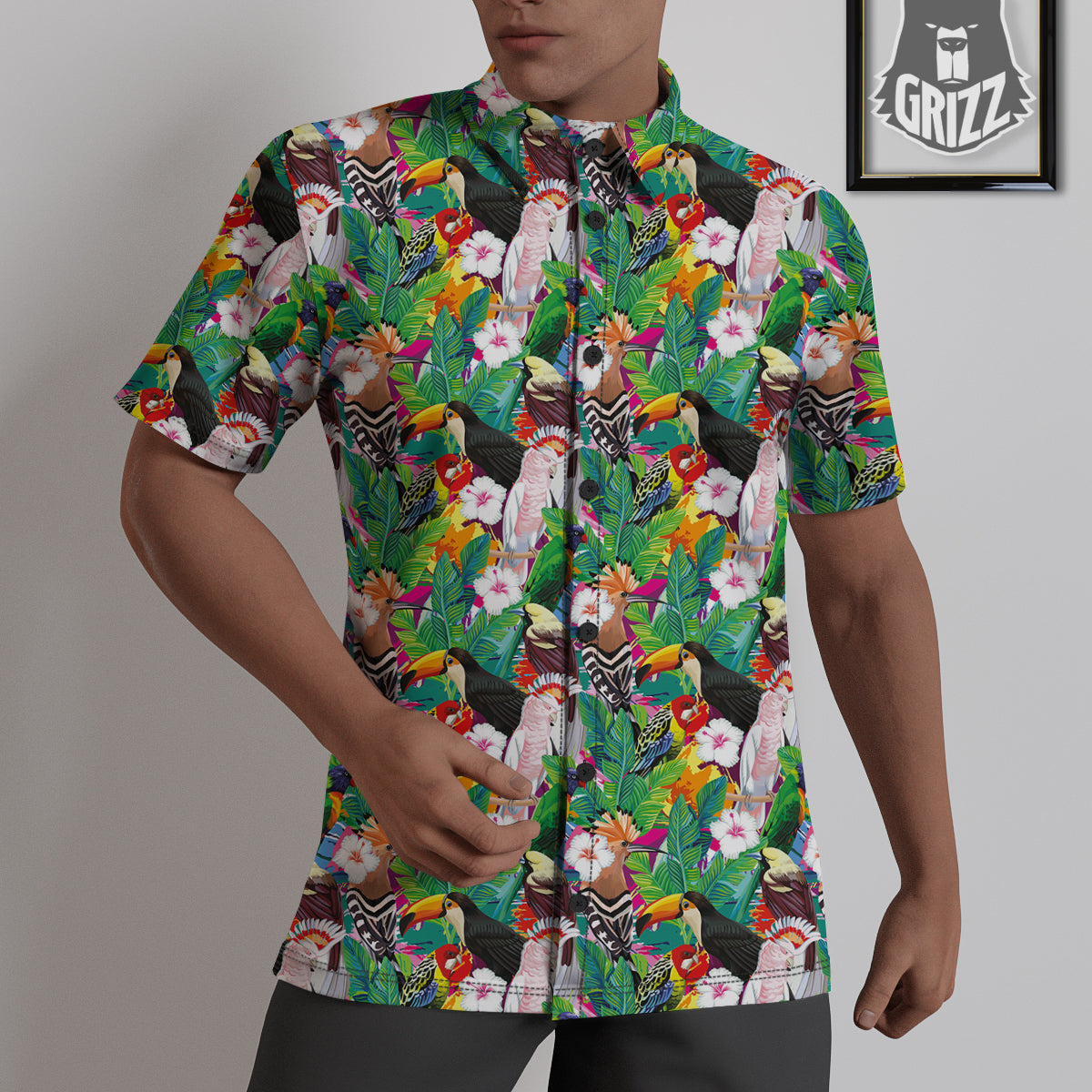 Palm Leaves And Bird Of Paradise Print Untucked Shirts-grizzshop