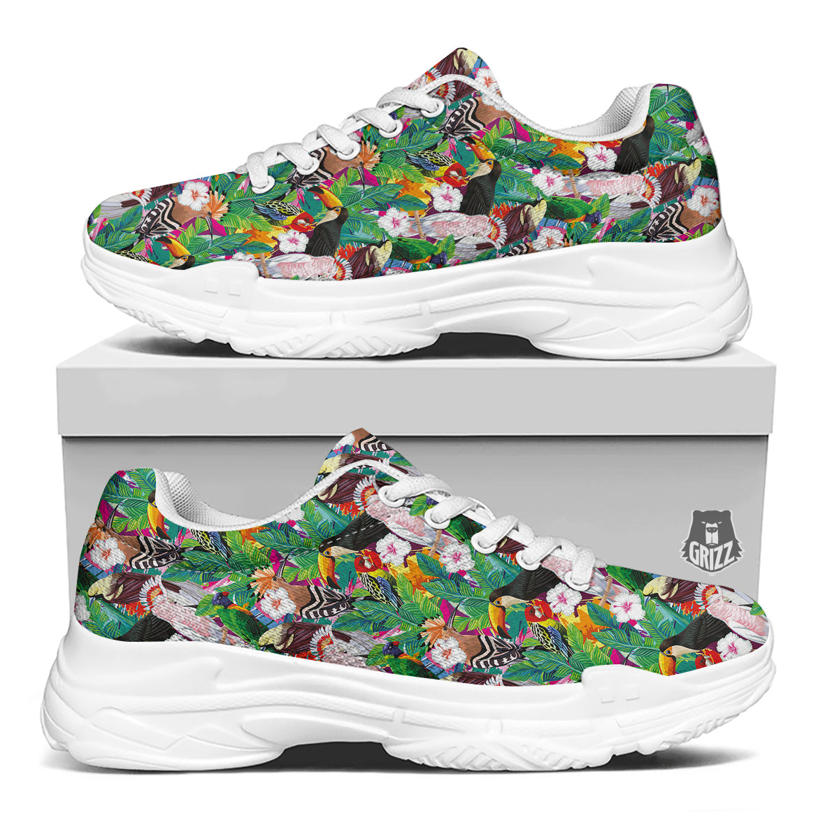 Palm Leaves And Bird Of Paradise Print White Chunky Shoes-grizzshop
