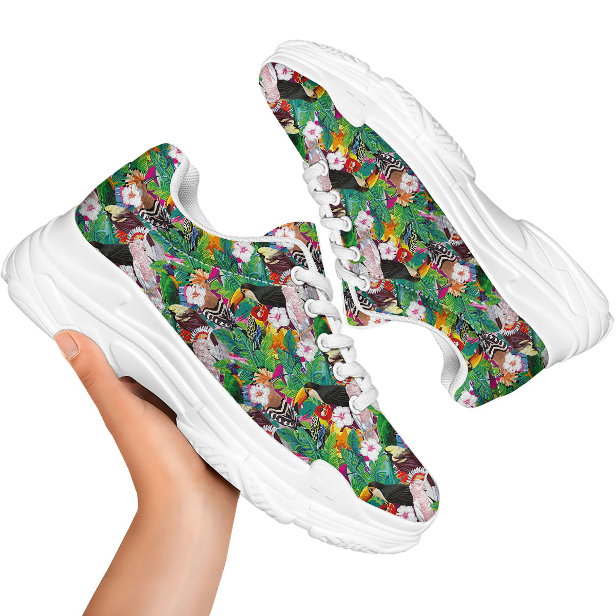 Palm Leaves And Bird Of Paradise Print White Chunky Shoes-grizzshop
